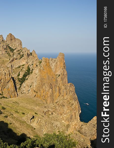 View from Kara-Dag mountains to the Black Sea, Crimean peninsula.