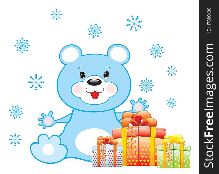 Blue bear with gifts: illustration.