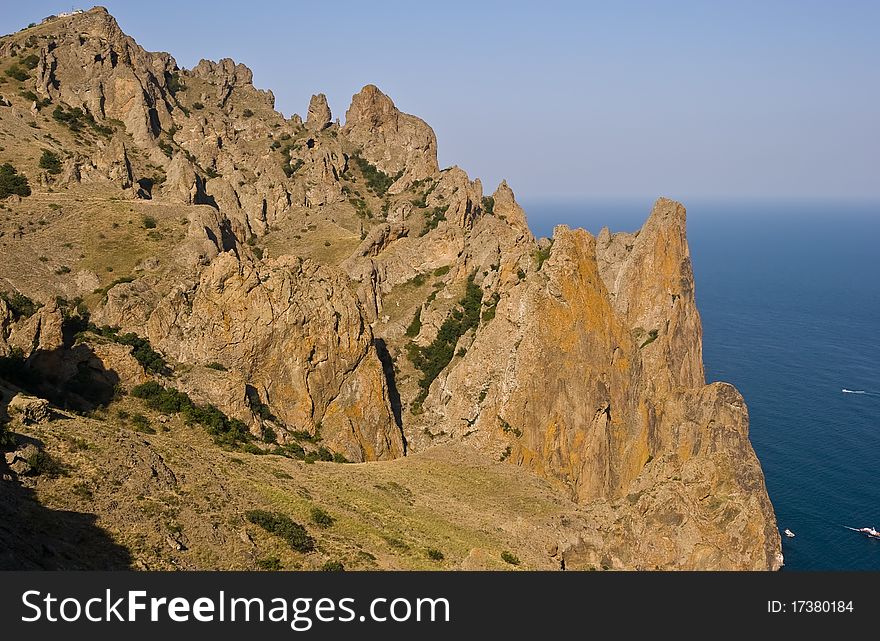 View from Kara-Dag mountains to the Black Sea, Crimean peninsula.