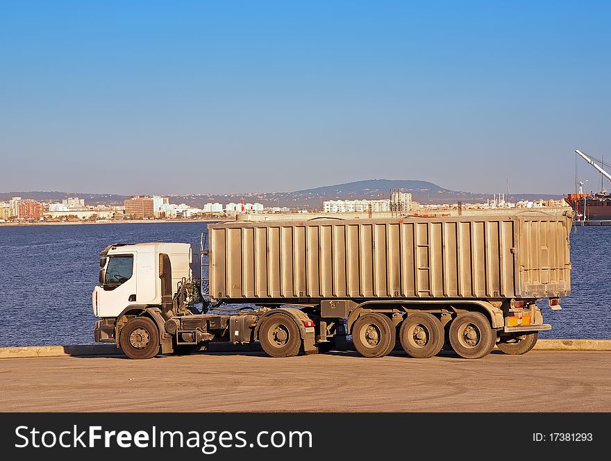 Lorry waiting to be loaded in the dock. Lorry waiting to be loaded in the dock