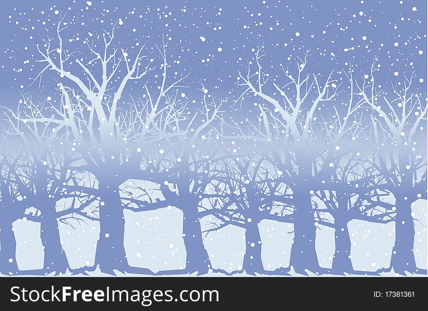 Silhouette graphic depicting a winter scene of a stand of trees in the falling snow. Silhouette graphic depicting a winter scene of a stand of trees in the falling snow