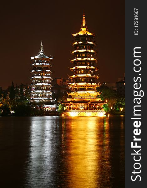 Twin Pagodas In Guilin City Center