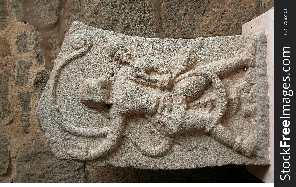 Lord Rama's disciple Anjaneya in valorous pose at museum near Elephants' Stable at Hampi, Karnataka, India, Asia. Lord Rama's disciple Anjaneya in valorous pose at museum near Elephants' Stable at Hampi, Karnataka, India, Asia