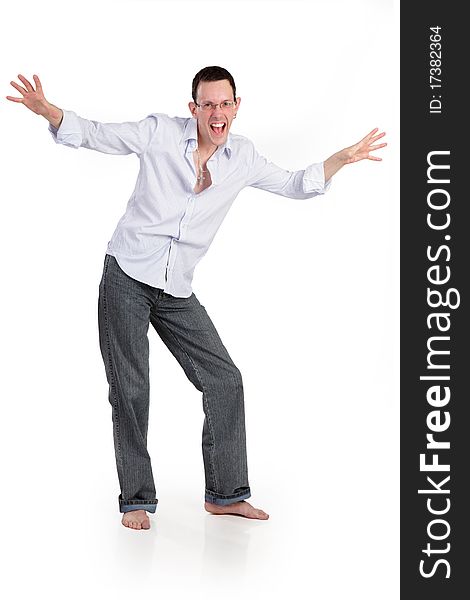 Fun cheerful young man isolated on a white background