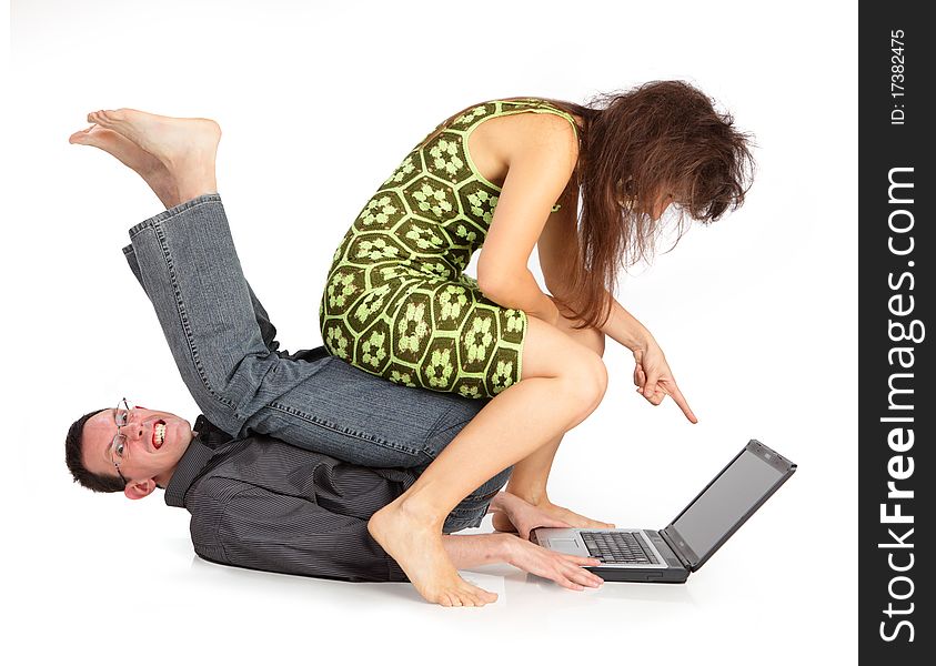Guy and girl with the laptop isolated on a white background