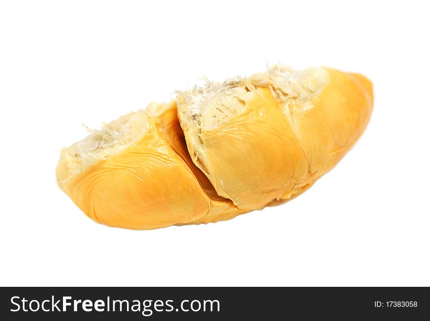 Close up of peeled durian flesh isolated on white background.