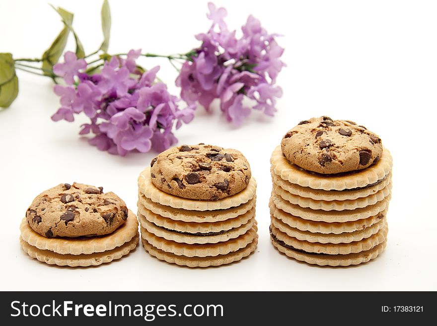 Cookies with chocolate onto white background. Cookies with chocolate onto white background
