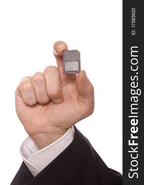 Businessman holding a Secure Digital Memory Card isolated over white