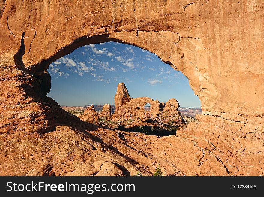 Sunset on Turret Arch through North Window, Arches National Park, Uta