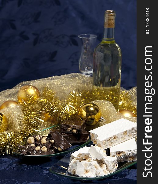 Panettone With Wine And Christmas Decorations