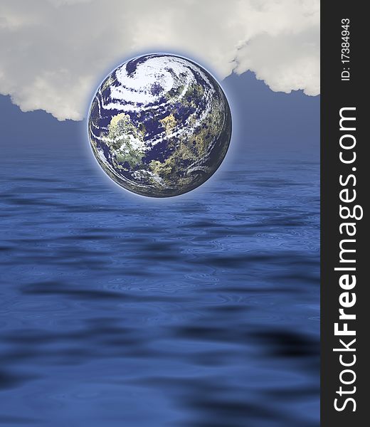 This image shows the Earth on an ocean of water. This image shows the Earth on an ocean of water