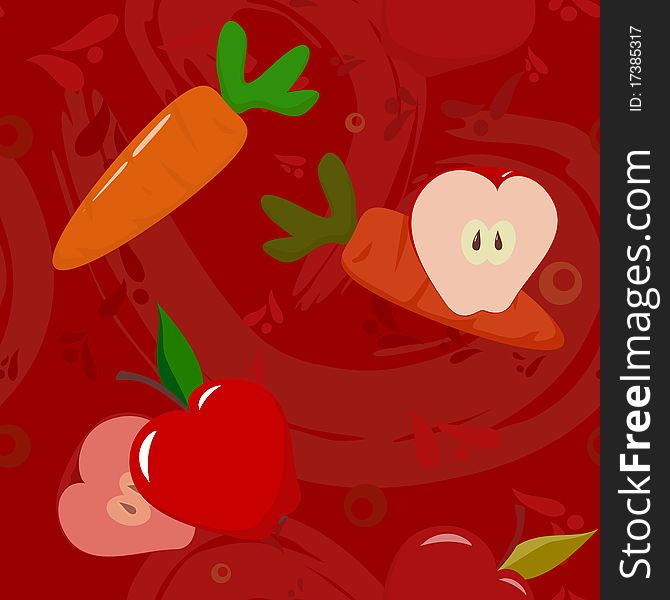 Apples and carrots on dark red background. Seamless pattern. Apples and carrots on dark red background. Seamless pattern