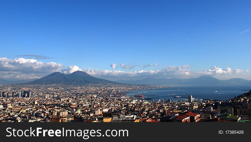 The huge city of Naples, with Vesuvius, gulf and harbour, from the hill of the Vomero