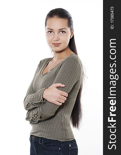 Young casual woman portrait on white background