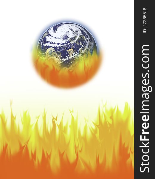 This image shows the Earth burned by fire, on a white background. This image shows the Earth burned by fire, on a white background