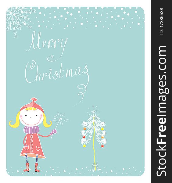 Vector new year postcard with nice little girl and christmas tree. Vector new year postcard with nice little girl and christmas tree.