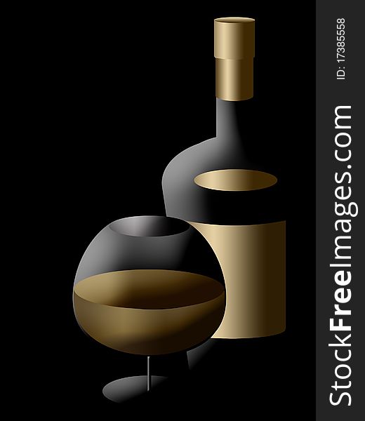 Bottle and glasse of cognac on black background. Bottle and glasse of cognac on black background