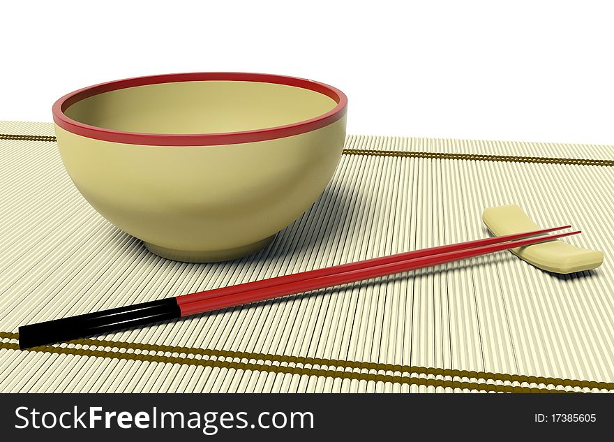 Dish and red bamboo chopstick. Dish and red bamboo chopstick