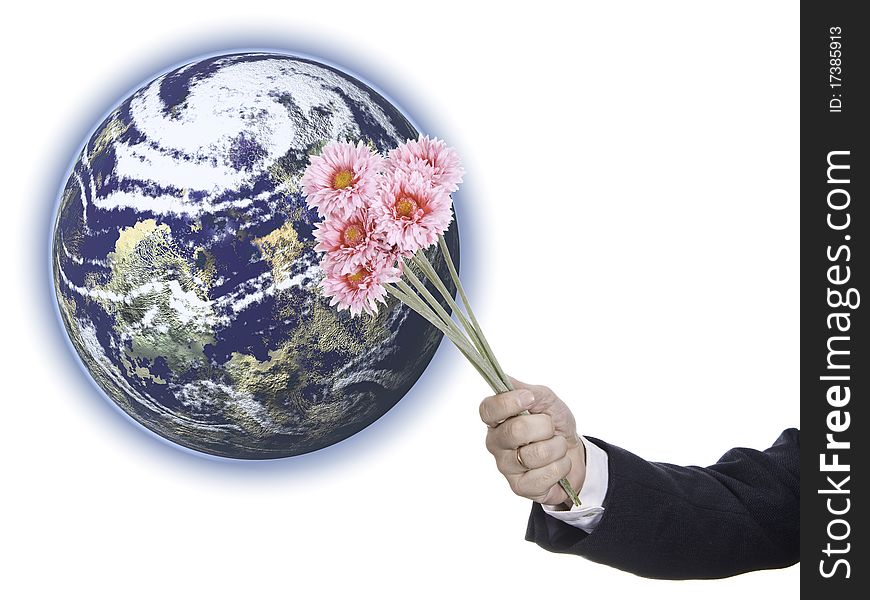 This image shows a male arm offering flowers to Earth. This image shows a male arm offering flowers to Earth