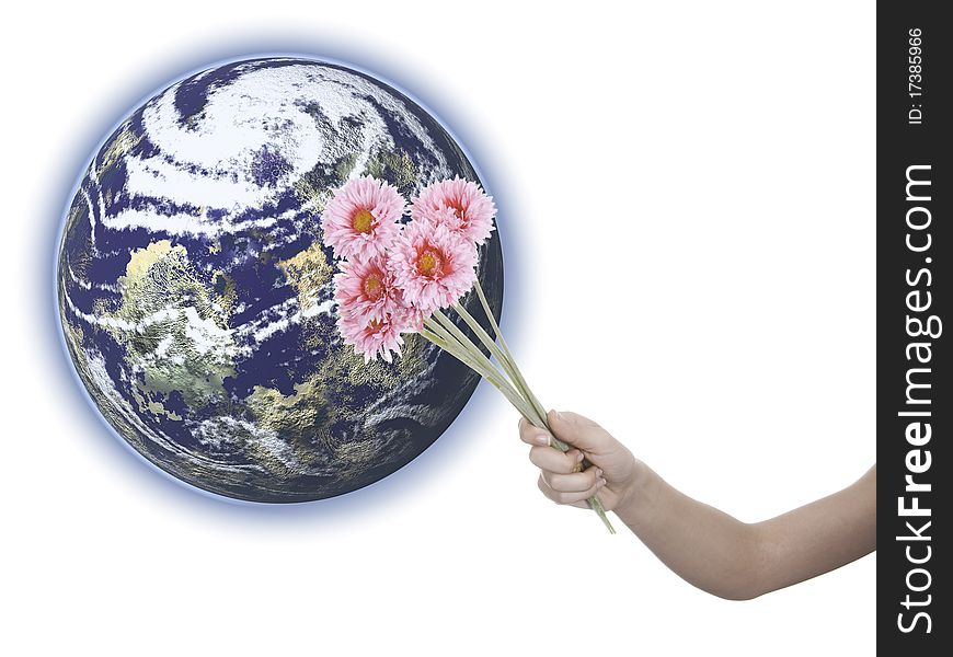 This image shows a female arm offering flowers to Earth. This image shows a female arm offering flowers to Earth