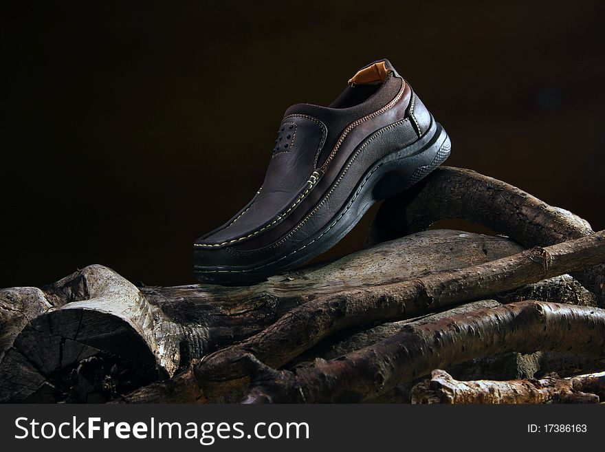 Leather men shoes on the wood and rocks