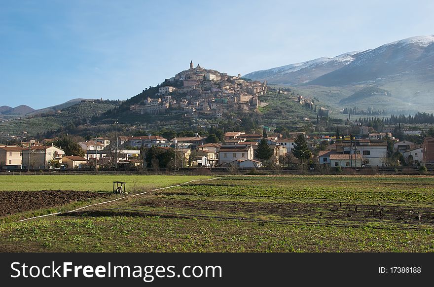 View of medieval Italian town of Trevi, Umbria in winter. View of medieval Italian town of Trevi, Umbria in winter