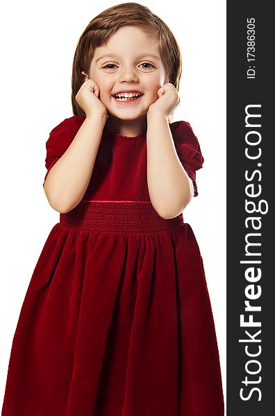 Little girl four years old with best red dress isolated on white. Little girl four years old with best red dress isolated on white