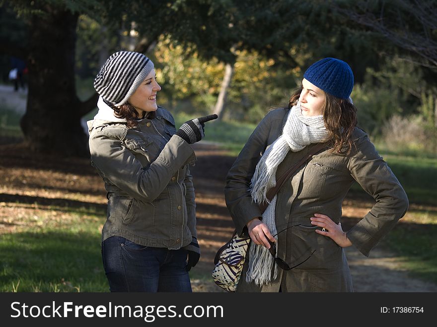 two young beautiful women, girlfriends communicate with each other