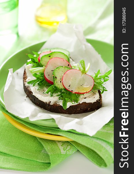 Sandwich with soft cheese ,radish and cucumber on the plate