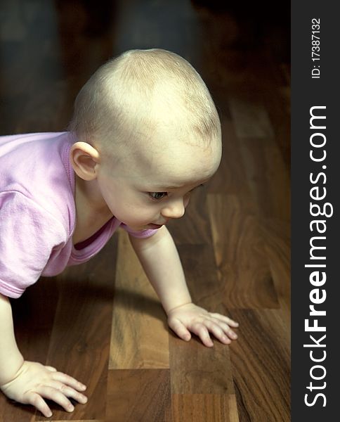 12 month old baby girl crawling on a wooden floor