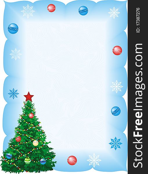 Christmas fir in blue frame with snowflakes and balls