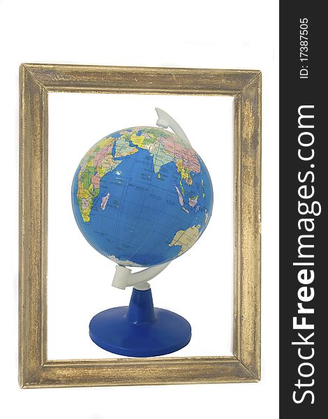 Globe in wooden photo frame. Globe in wooden photo frame
