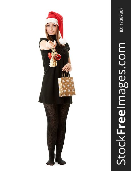 Santa girl hat and bag on white background