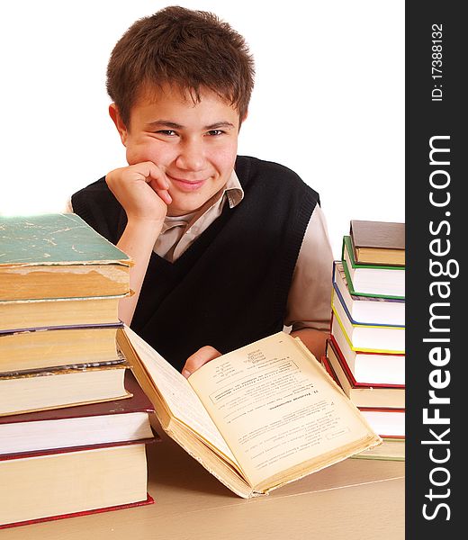 Boy and books with white background