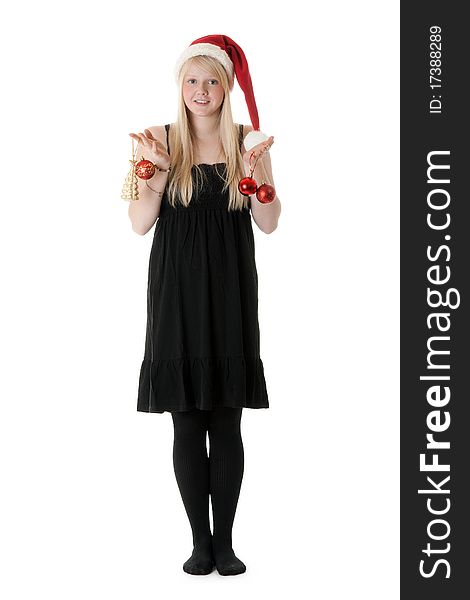 Young beautiful girl in a Santa hat on a white background