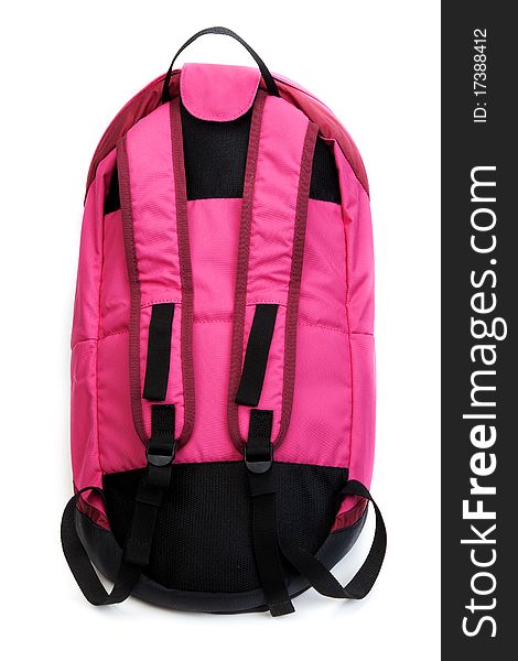 Red backpack with black straps on white background