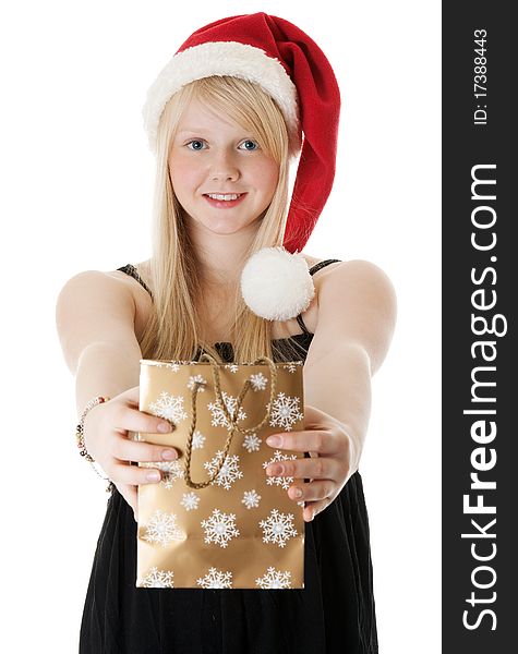 Young beautiful girl in a Santa hat on a white background