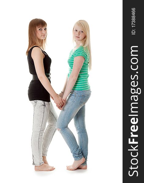 Portrait of two friends on a white background