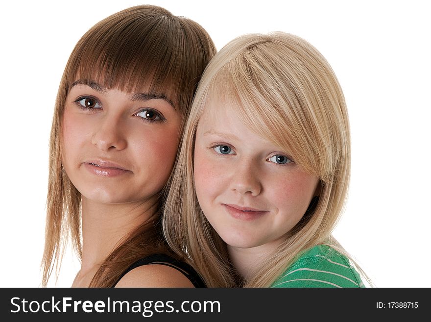 Portrait of two friends on a white background