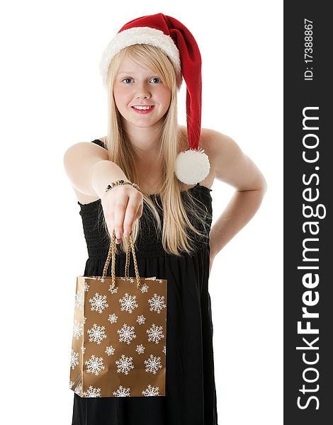 Young beautiful girl in a Santa hat on a white background