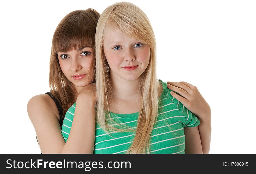 Portrait of two friends on a white background