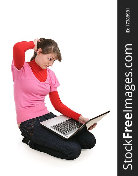 The girl with the laptop on a white background. The girl with the laptop on a white background