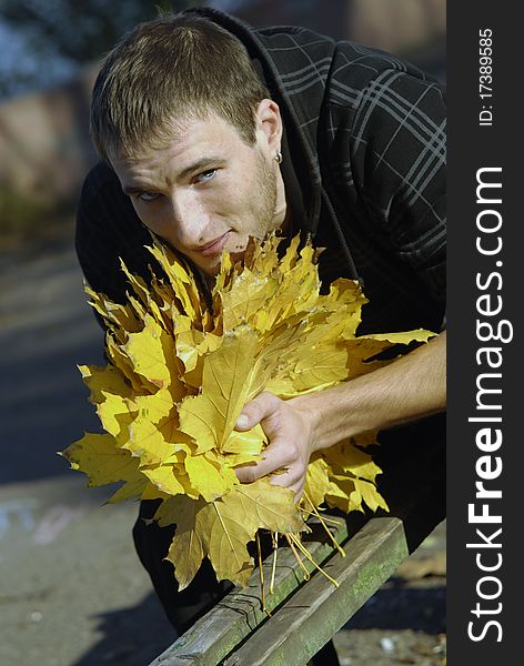 Young handsome man with yellow leaves seating on the bench in the park