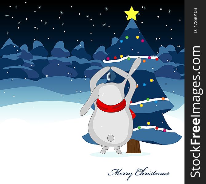 Vector christmas card with rabbit and tree