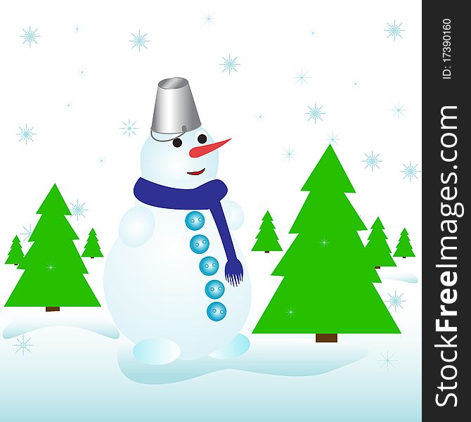 Snowman with a bucket on his head and a Christmas trees, vector illustration, eps10
