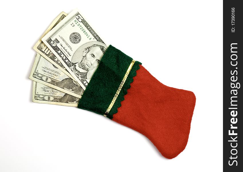 A stocking filled with a gift of money. A stocking filled with a gift of money