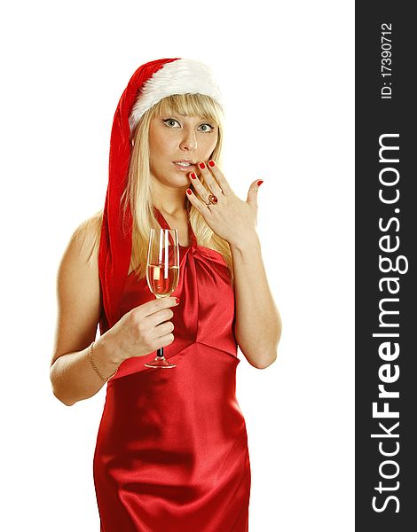 Beautiful Christmas lady in santa cloth making christmas toast. Hand closes the mouth. Isolated on a white background. Beautiful Christmas lady in santa cloth making christmas toast. Hand closes the mouth. Isolated on a white background