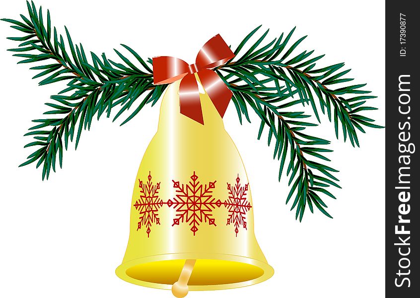 The gold hand bell hangs on a fur-tree branch. Not it red snowflakes and a bow. The gold hand bell hangs on a fur-tree branch. Not it red snowflakes and a bow.