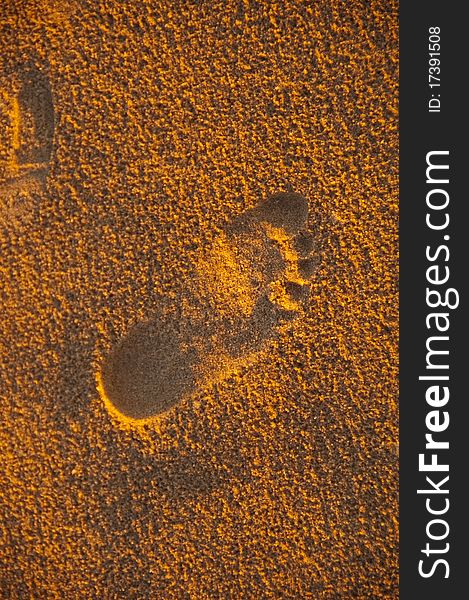 Footprint in sand with warm lighting. Footprint in sand with warm lighting