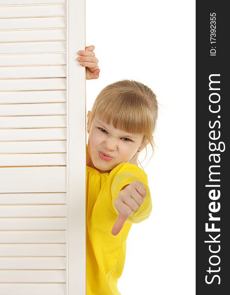 Dissatisfied girl in yellow jacket it is isolated on the white